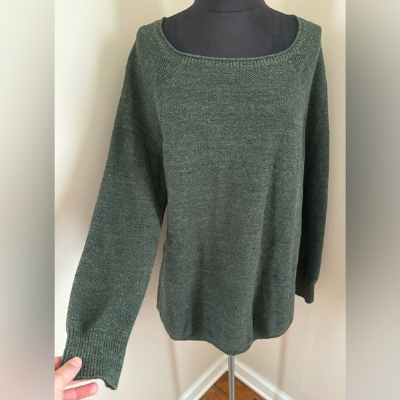 L.L. Bean Forest Green Oversized Wide Neck Knit Cotton Sweater - Picture 3 of 11